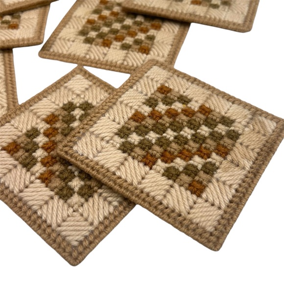 (8) Vintage Handmade Needle Point Canvas Art Coaster Set with Holder FALL Decor - Picture 8 of 12